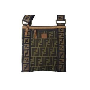 Fendi Shoulder Bag Leather Brown Canvas Black Sacoche